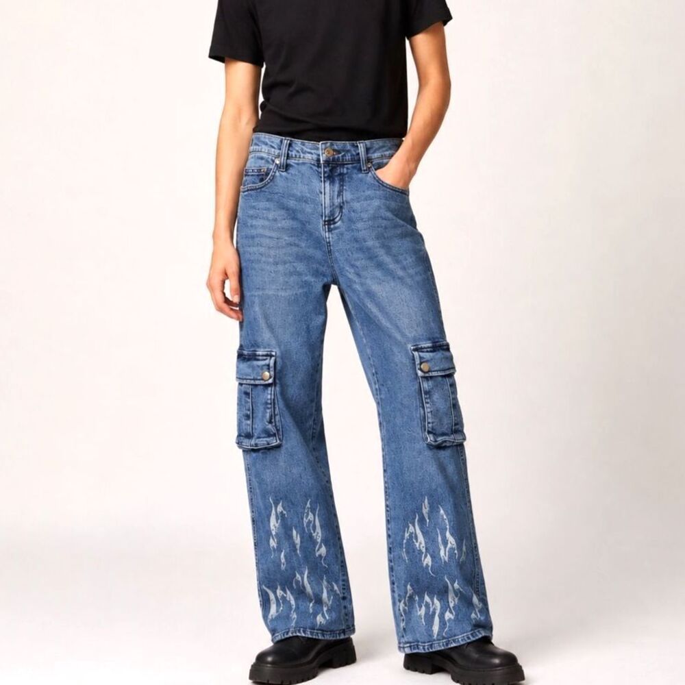 Hot Topic Indigo Flame Cargo Pocket Straight Leg Jeans 28x32 Y2K Grunge Punk